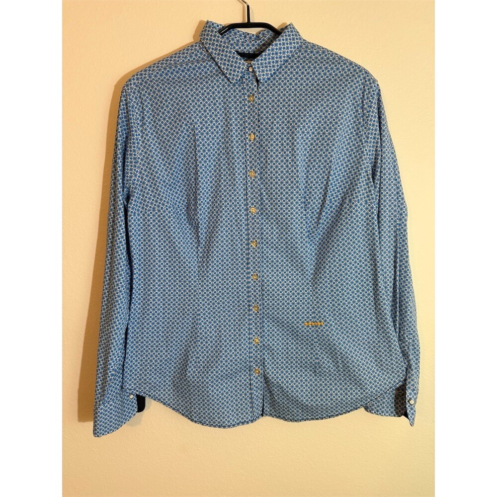 0039 Italy Button-Up Shirt Womens XL Blue Geometric Print Long Sleeve